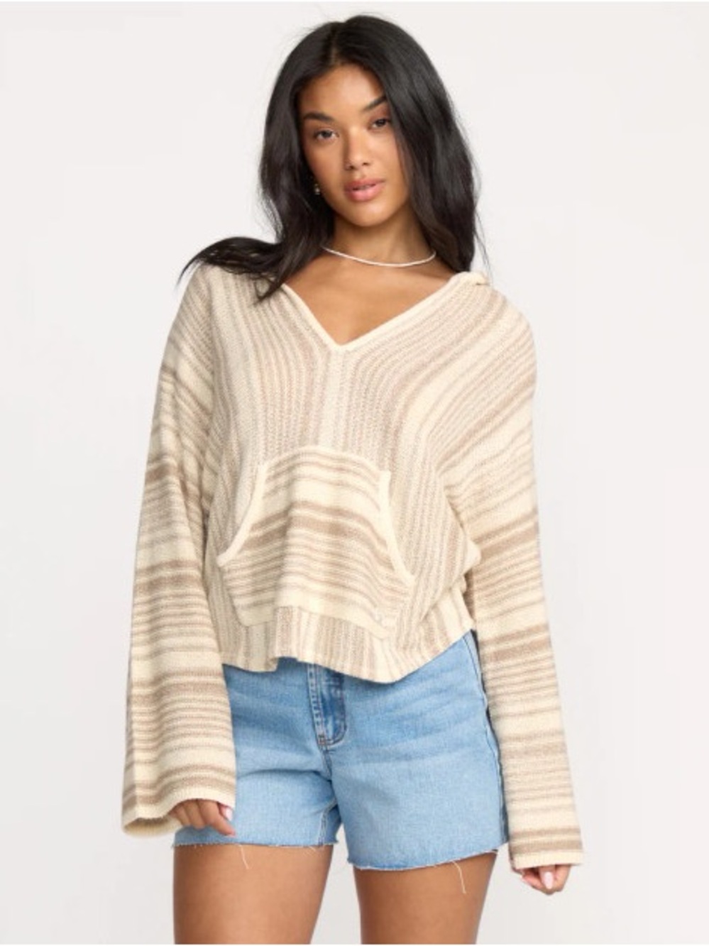 Billabong Cream and Beige Striped V-Neck Hoodie